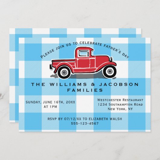 父の日ヴィンテージトラックブルーバッファローチェック 招待状 (正面/裏面)