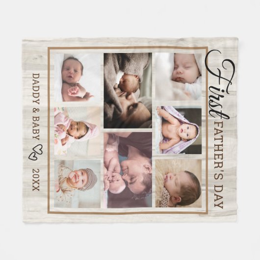 父の日天然木8枚の写真コラージュ フリースブランケット (正面(横))