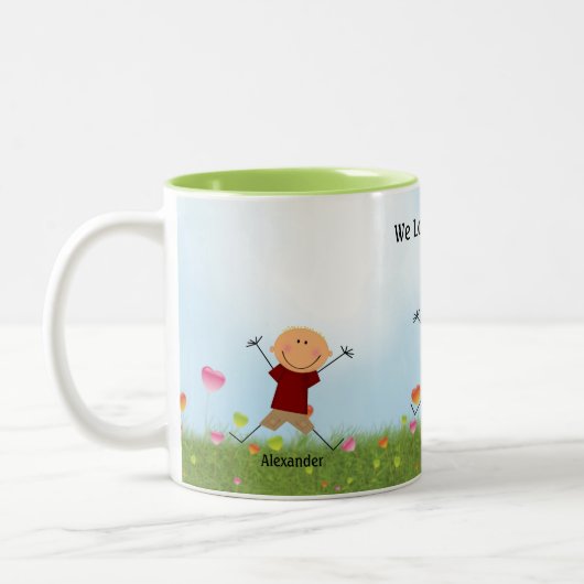 『父の日2男の子1女スティックキッズマグ』 ツートーンマグカップ (左)