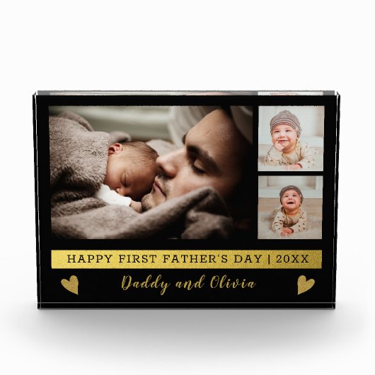 父の日3写真コラージュ黒と金 フォトブロック (正面)