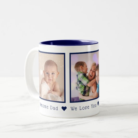 父の日3写真ネイビーパーソナライズされたブルー ツートーンマグカップ (正面左)