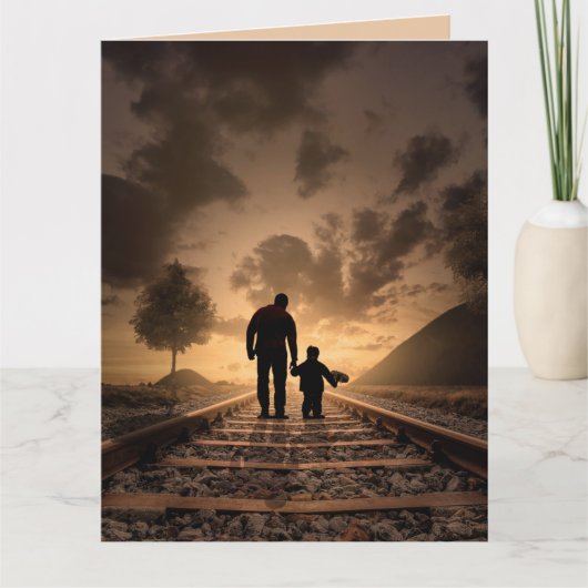 父の日　パパと息子の夕焼けの線路カード カード (正面)