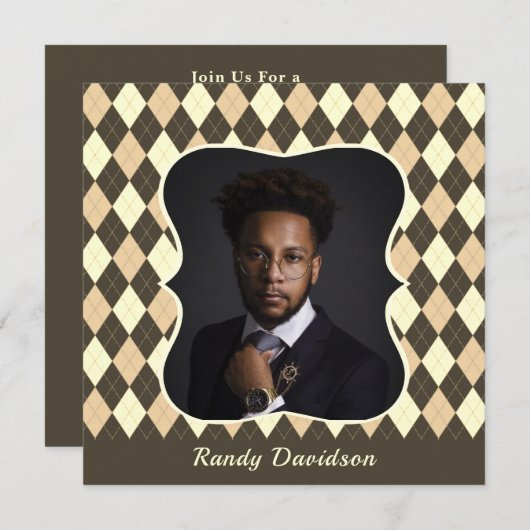 父の日 フォト ブラウン タン アーガイル ディナー パーティー 招待状 (正面/裏面)