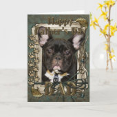 父の日 – 石の足 – ブルフランスのドッグ – ティール(緑がかった色) カード (黄色い花)