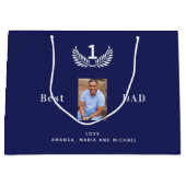 父の最高のパパは常にネイビー青い名前の写真 ラージペーパーバッグ (正面)