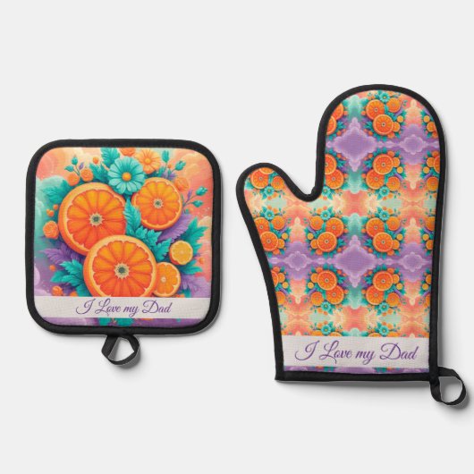 父カラフルの日のオレンジ 鍋つかみ&鍋敷きセット (正面)
