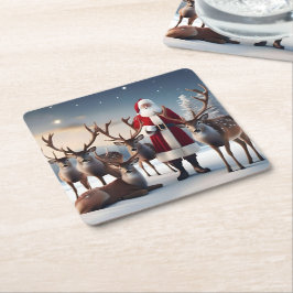 父クリスマスはトナカイとポーズをとっていた。 スクエアペーパーコースター