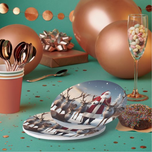 父クリスマスはトナカイとポーズをとっていた。 ペーパープレート (複数)