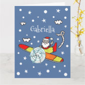 父パーソナライズされたのサンタクロース飛行機 カード (黄色い花)