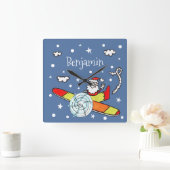 父パーソナライズされたのサンタクロース飛行機 スクエア壁時計 (ホーム)