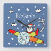父パーソナライズされたのサンタクロース飛行機 スクエア壁時計 (正面)
