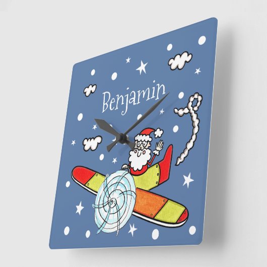 父パーソナライズされたのサンタクロース飛行機 スクエア壁時計 (傾斜)