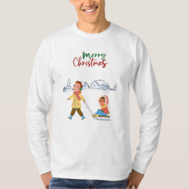 父親が子供をそりで引っ張っている Tシャツ