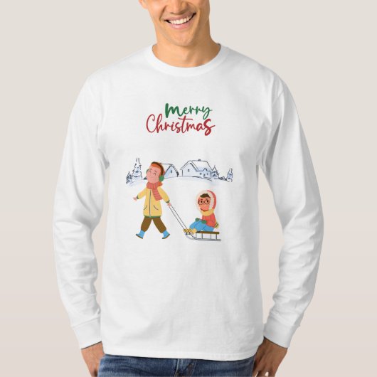 父親が子供をそりで引っ張っている Tシャツ (正面)