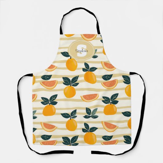 爽やかなシトラスフルーツ柄 グリーンの葉っぱ付き (4) エプロン (正面)