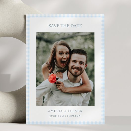爽やかなブルーのギンガムチェックの夏の結婚式 セーブザデート