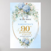 爽やかなブルーの花で飾る90歳の誕生日ウェルカムボード ポスター (正面)