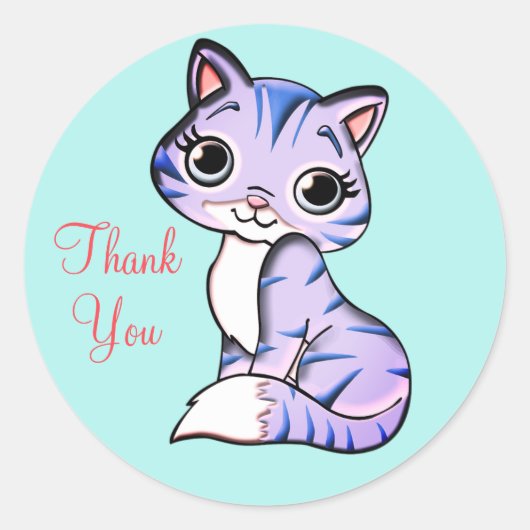 爽やかな水色にキュートな子猫のThank You ラウンドシール (正面)