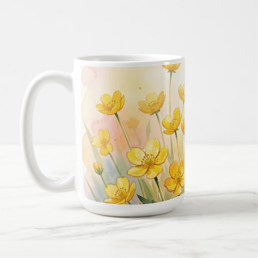 爽やかな黄色の野の花の水彩画 コーヒーマグカップ (左)