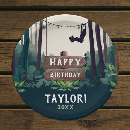 爽快なジップラインの森の誕生日 アウトドア グリーン ペーパープレート