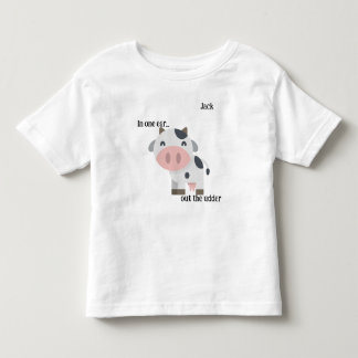 「片方の耳に…」 牛のパンのカスタマイズ トドラーTシャツ