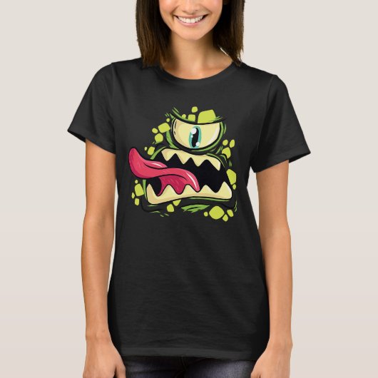 片目と舌のハロウィンを持つ緑の怪物 Tシャツ (正面)
