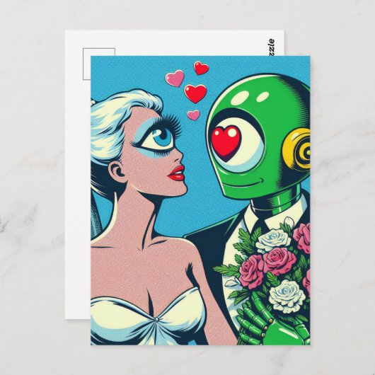片目のエイリアンと恋の緑のロボット ポストカード (正面/裏面)