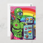 片目の緑のエイリアンと恋のロボット ポストカード (正面/裏面)