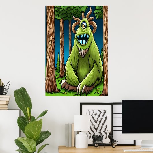 片目の緑のファンタジー獣のポートレート | AI Art ポスター (ホームオフィス)