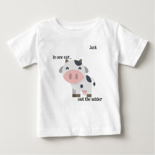 "片耳に..." 牛のダジャレカスタムデザイン ベビーTシャツ