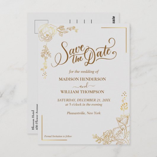 版木、銅版、版画ゴールデンフローラ結婚式の日付を保存 ポストカード (正面/裏面)