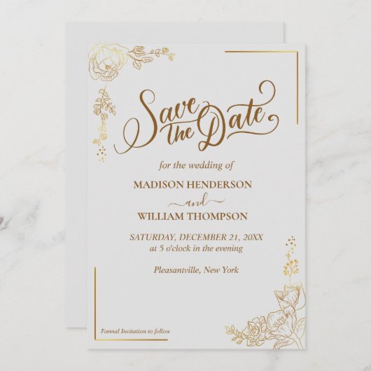 版木、銅版、版画ゴールデンフローラ結婚式の日付を保存 招待状 (正面/裏面)