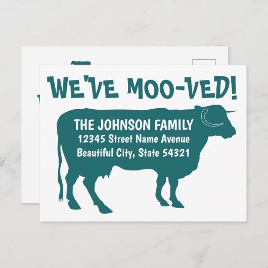 牛おもしろいの新しいアドレスを移動モー緑 案内ポストカード (正面/裏面)