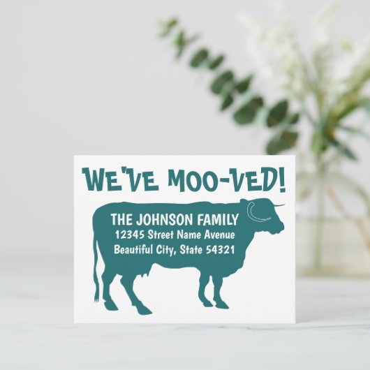 牛おもしろいの新しいアドレスを移動モー緑 案内ポストカード (スタンド正面)