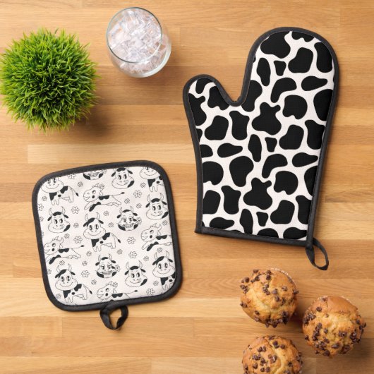 牛おもしろいプリントと牛間抜け球 鍋つかみ&鍋敷きセット (トップダウン)