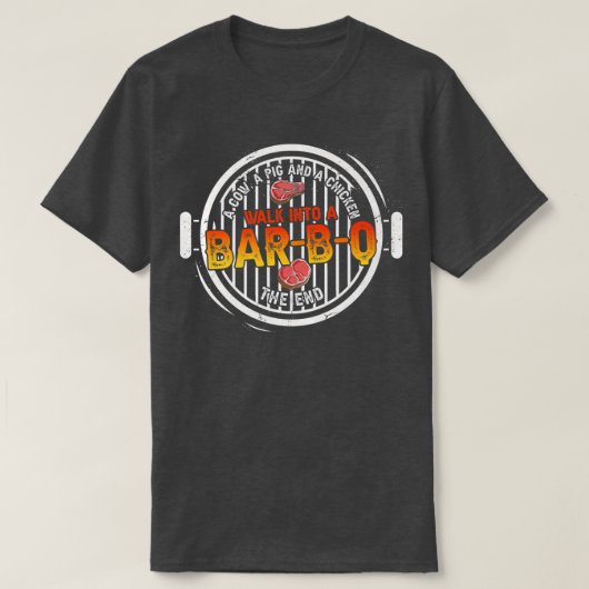 牛おもしろい豚と鶏がバーBに入って歩く Tシャツ (デザイン正面)