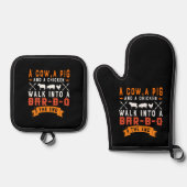 牛おもしろい豚と鶏肉のグリルBBQ 鍋つかみ&鍋敷きセット (正面)