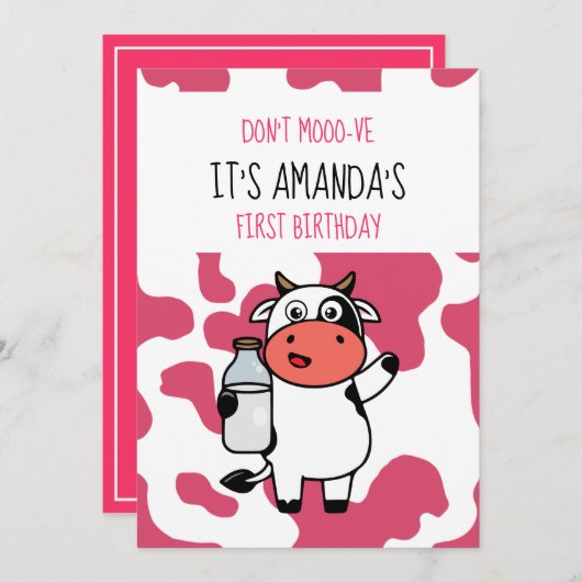 牛おもしろい農場動物をテーマにした少女1歳の誕生日 招待状 (正面/裏面)