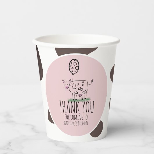 牛おもしろい農場動物誕生日パーティーピンク 紙コップ (正面)
