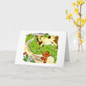 牛およびジンジャーブレッドマンの挨拶状 カード (黄色い花)