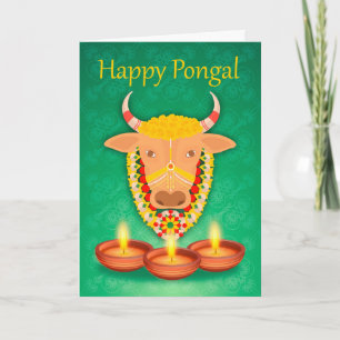 牛および蝋燭との幸せなPongal、 カード
