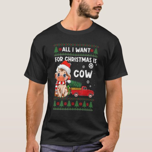 牛かわいい牛サンタ帽子の醜いクリスマスセーター Tシャツ (正面)