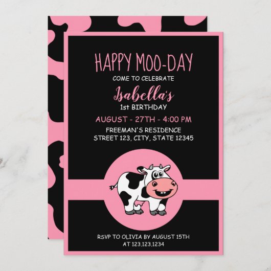牛かわいい農場動物をテーマにした女の子1歳の誕生日 招待状 (正面/裏面)
