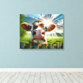 牛がお洒落柵の上を覗き込む キャンバスプリント (インサイチュ (ウッドフロア))