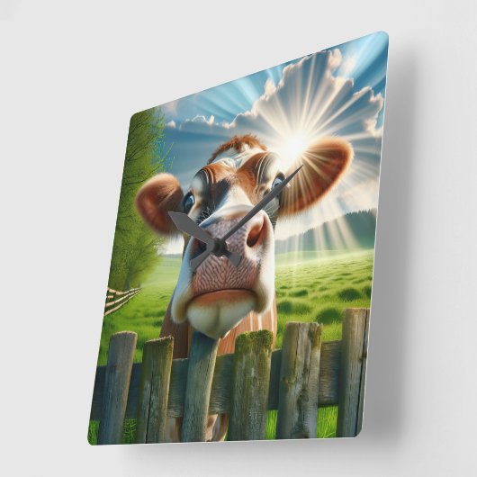 牛がお洒落柵の上を覗き込む スクエア壁時計 (傾斜)