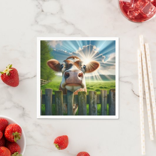牛がお洒落柵の上を覗き込む スタンダードカクテルナプキン (インサイチュ)