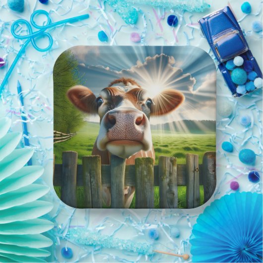 牛がお洒落柵の上を覗き込む ペーパープレート (パーティー)