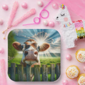 牛がお洒落柵の上を覗き込む ペーパープレート (パーティー)