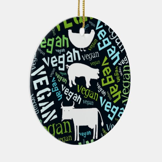 牛が付いている"ビーガン"の単語雲のモザイク、ブタ、雌鶏 セラミックオーナメント (右)