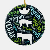 牛が付いている"ビーガン"の単語雲のモザイク、ブタ、雌鶏 セラミックオーナメント (正面)